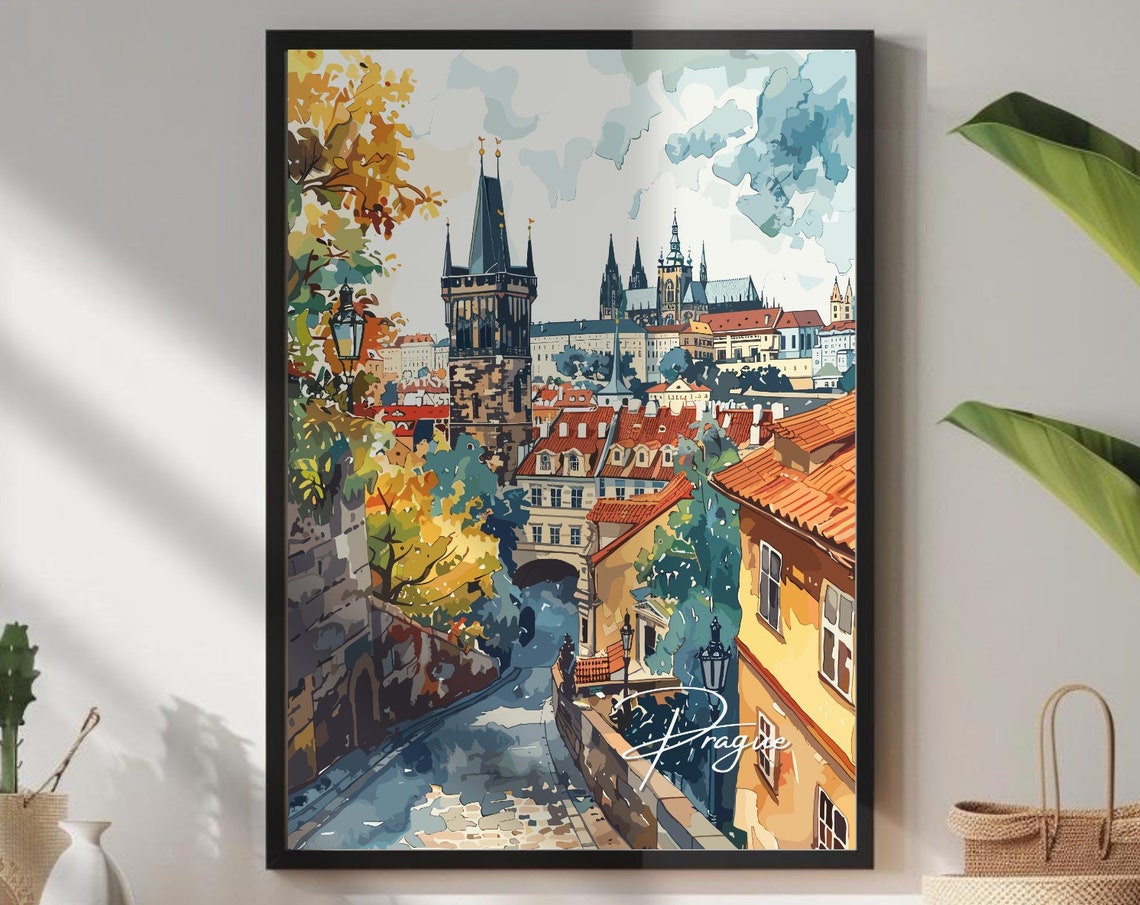 Prague Old Town Castle Towers Cobblestone Street Painting Poster