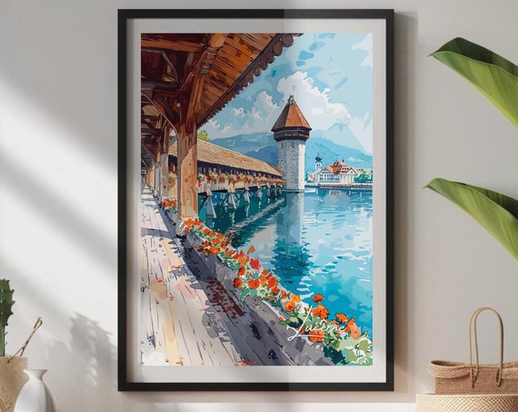 Lucerne Travel Poster, Switzerland Landscape Art Print