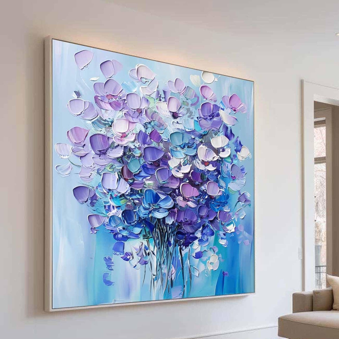 Purple Blue Abstract Floral Bouquet Impasto Texture Canvas Wall Poster