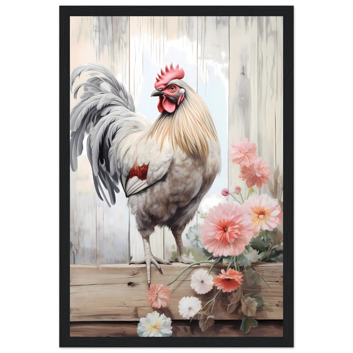 White Rooster With Pink Flowers On Rustic Farmhouse Ledge Poster - Image 4