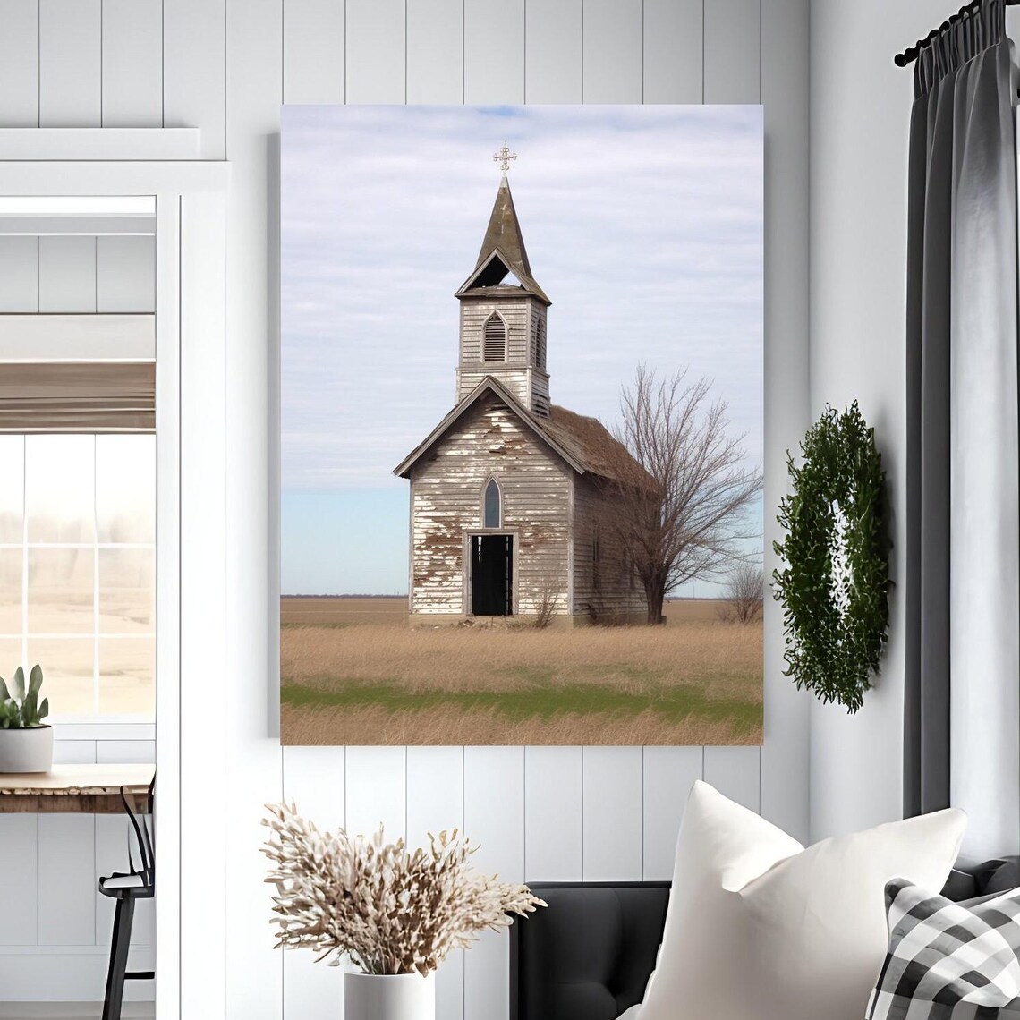 Rustic Farmhouse Church House, White Washed Art Print