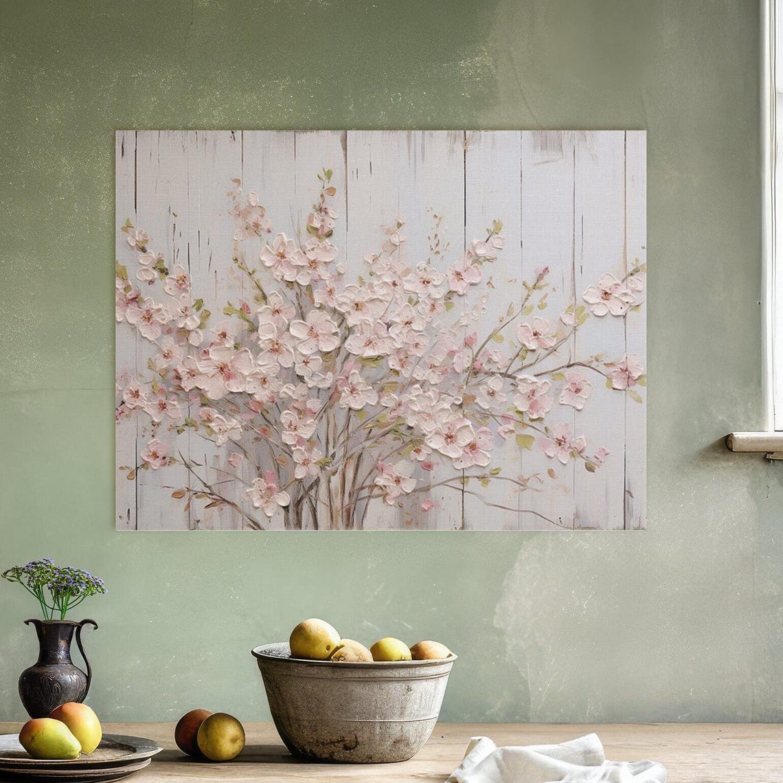 Pink Cherry Blossom Branches Painted on Whitewashed Wood Poster - Image 3