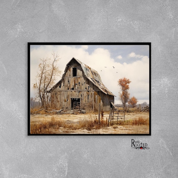 Vintage Barn Country Landscape, Autumn Farm Scene Art Print