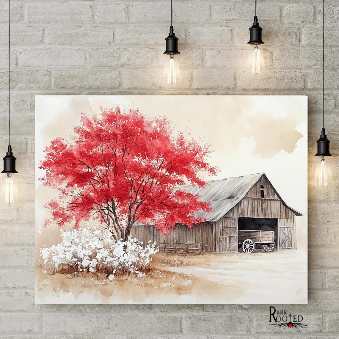 Red Blossom Tree and Barn with Wagon Watercolor Farm Art Poster - Image 2