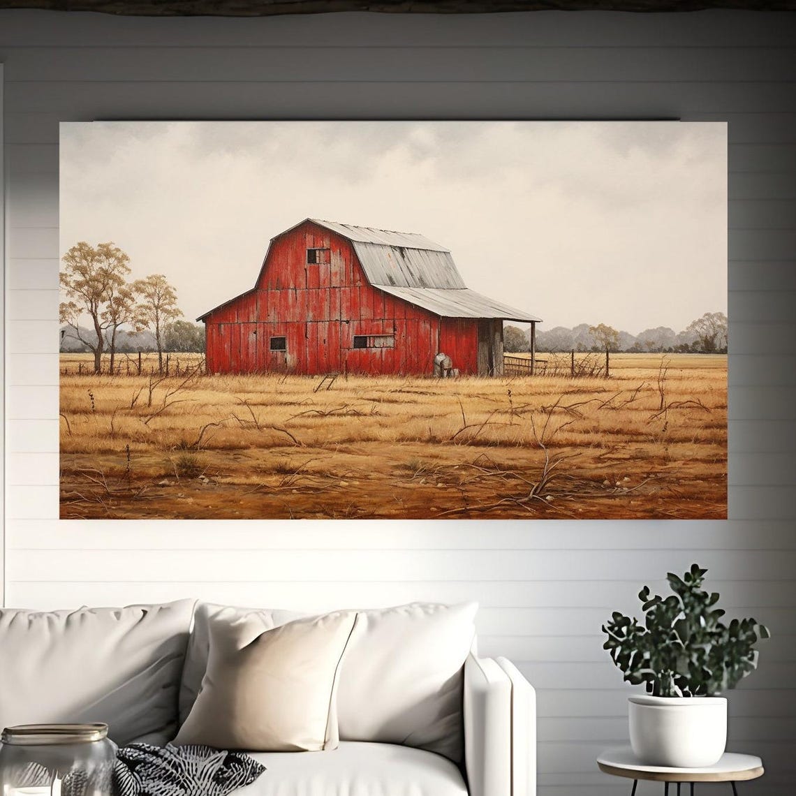 Red Barn Painting in a Golden Autumn Field at Harvest Poster