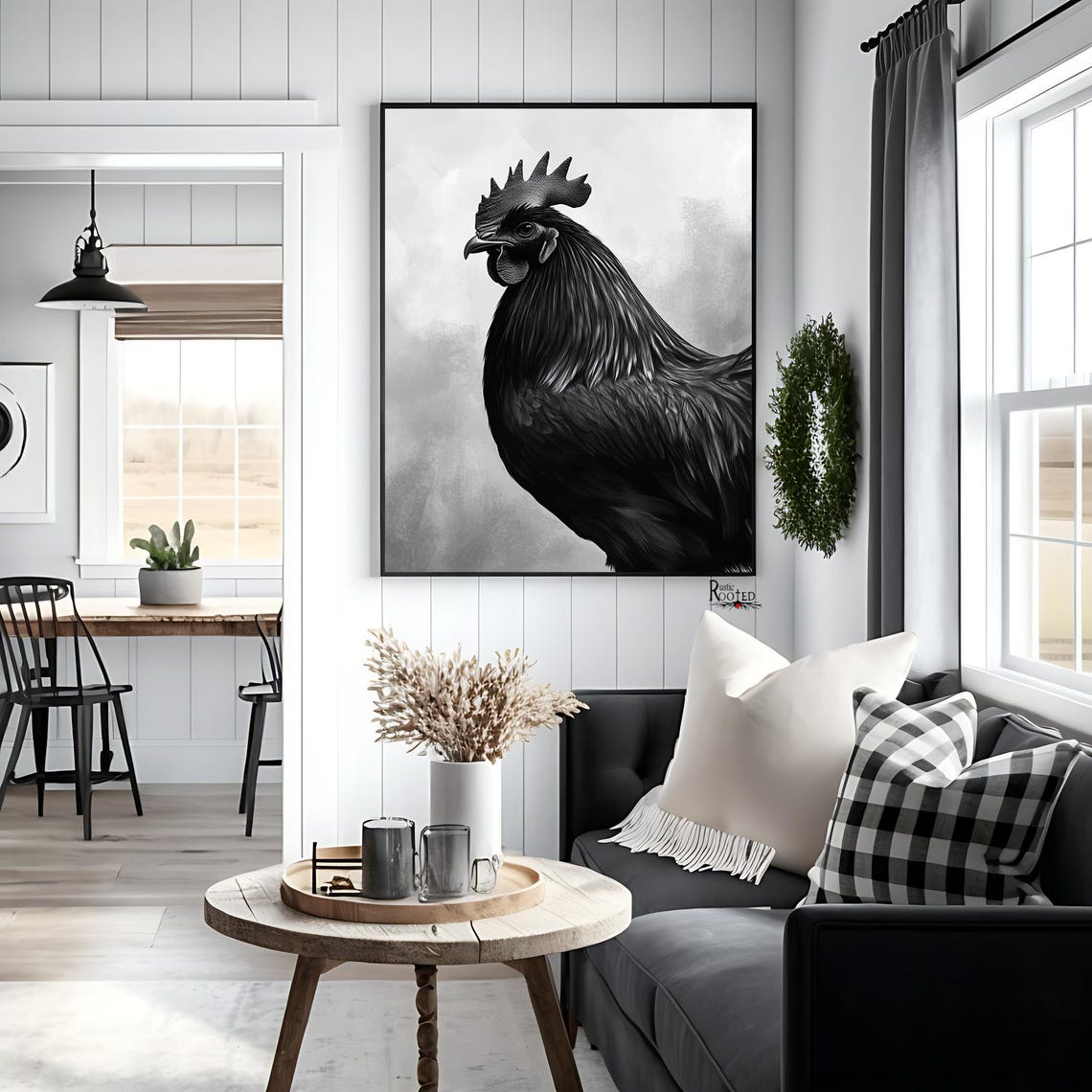 Black Rooster Portrait Painting on a Textured Gray Background Poster - Image 3
