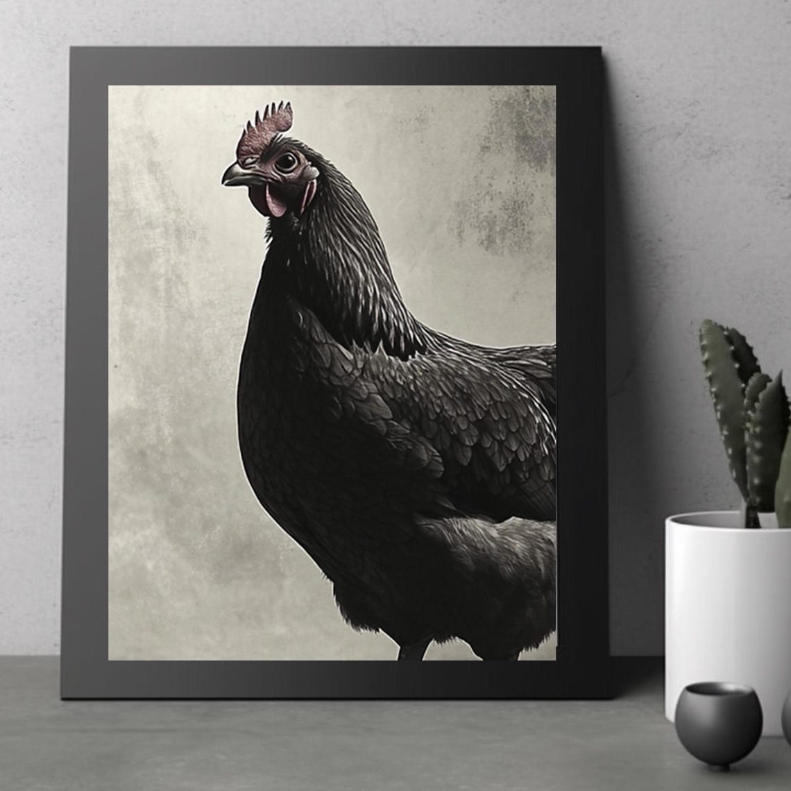 Black Chicken Portrait Painting in Moody Neutral Tones Poster