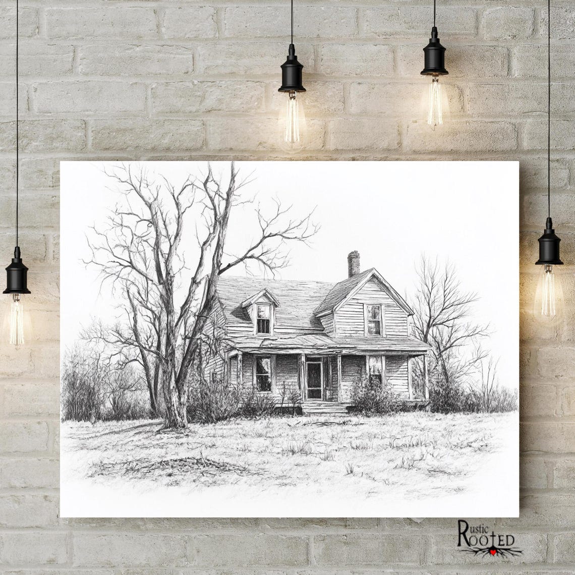 Old Farmhouse Pencil Sketch With A Bare Winter Tree Art Poster