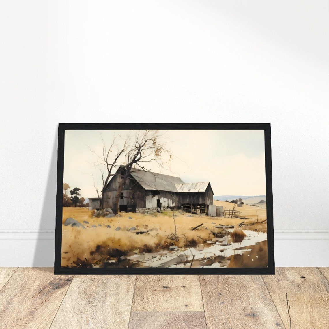 Weathered Barn Watercolor Painting in Golden Autumn Field Poster