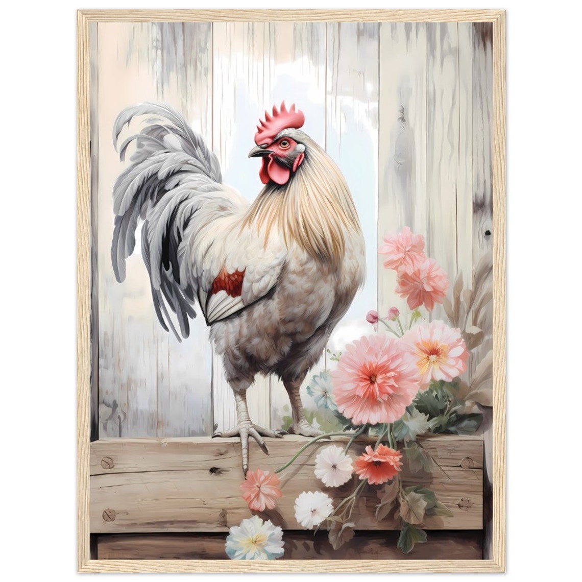 White Rooster With Pink Flowers On Rustic Farmhouse Ledge Poster - Image 3