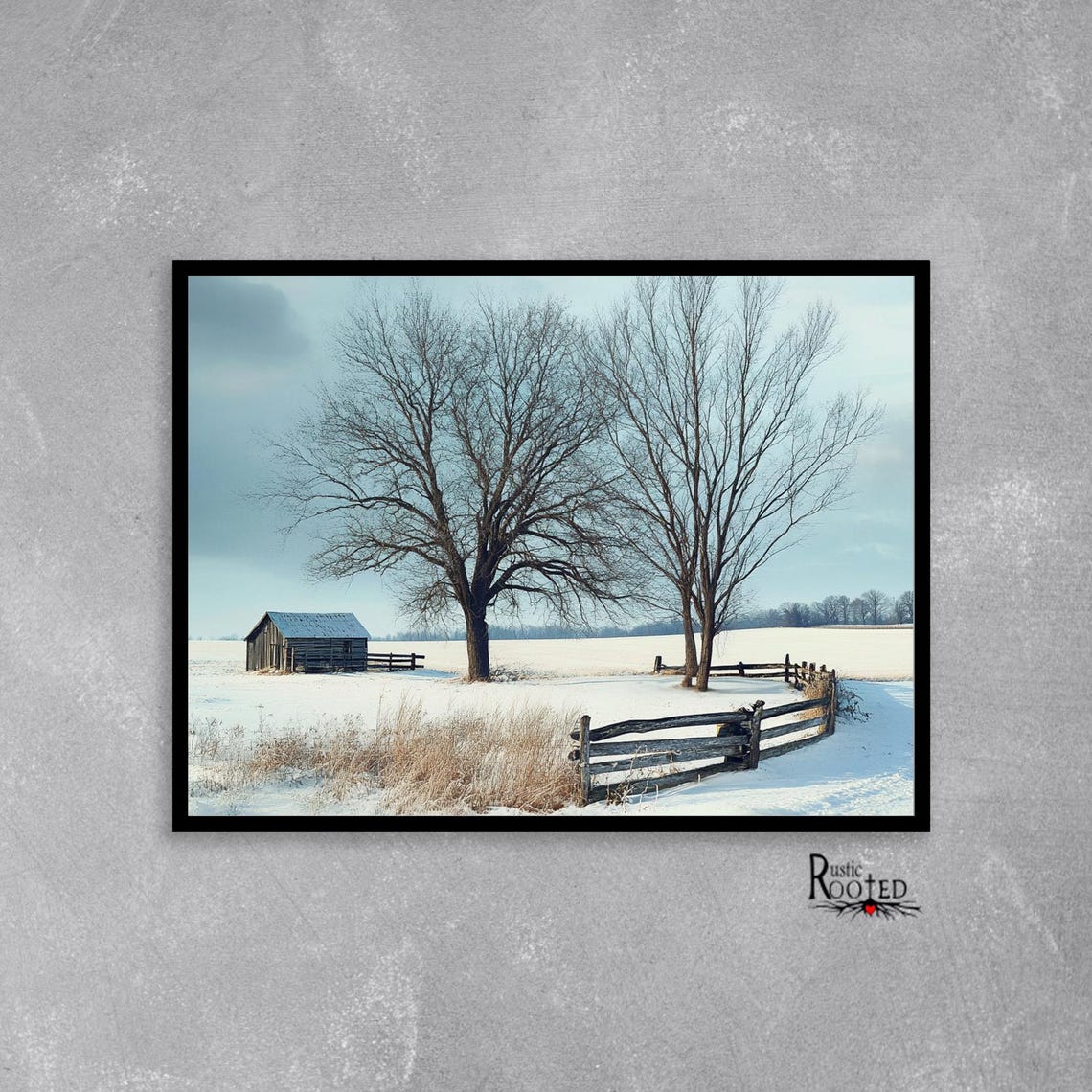 Snowy Winter Landscape with Small Barn and Bare Trees Poster - Image 2