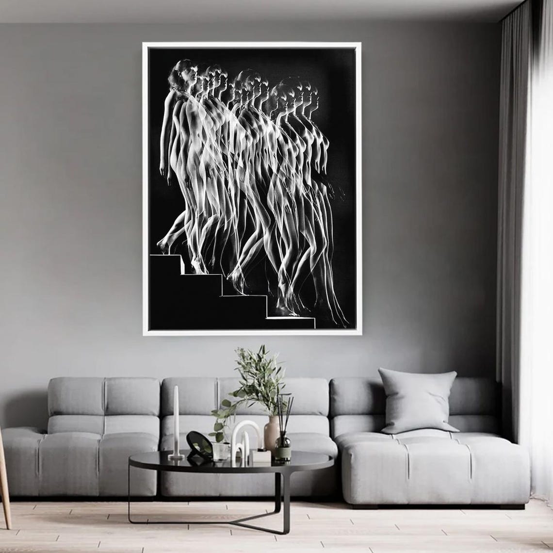 Descending Woman Motion Study Black White Staircase Art Poster