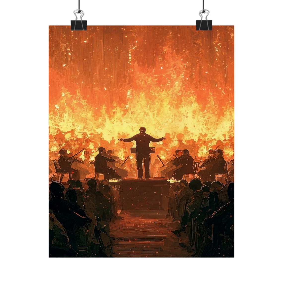 Conductor Leading Orchestra Through Fire Dramatic Music Scene Poster