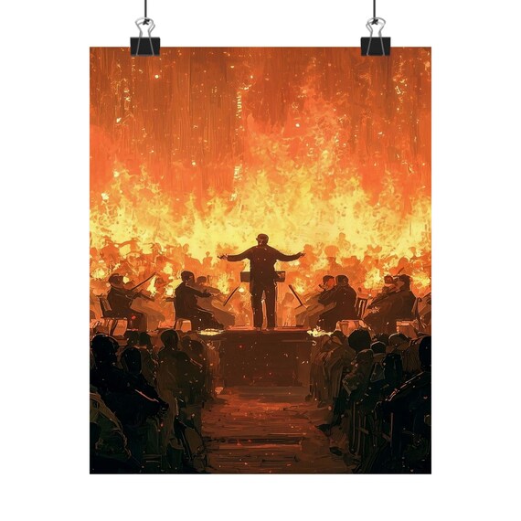 Conductor Leading Orchestra Through Fire Dramatic Music Scene Poster