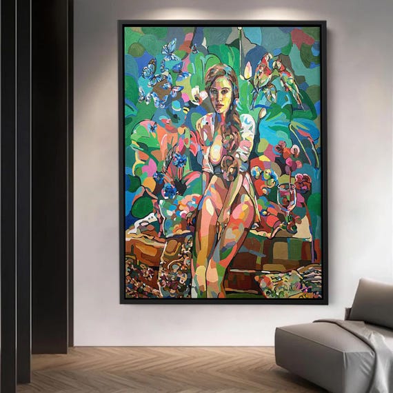 Abstract Woman Nature Canvas Art Vibrant Oil Painting Style Wall Decor With Birds Butterflies And Flowers