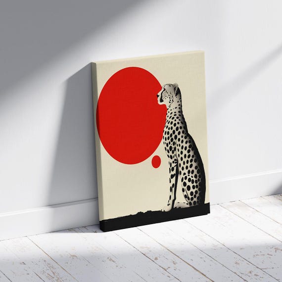 Minimalist Cheetah Illustration With Red Sun Modern Animal Wall Art Graphic Style Decorative Poster