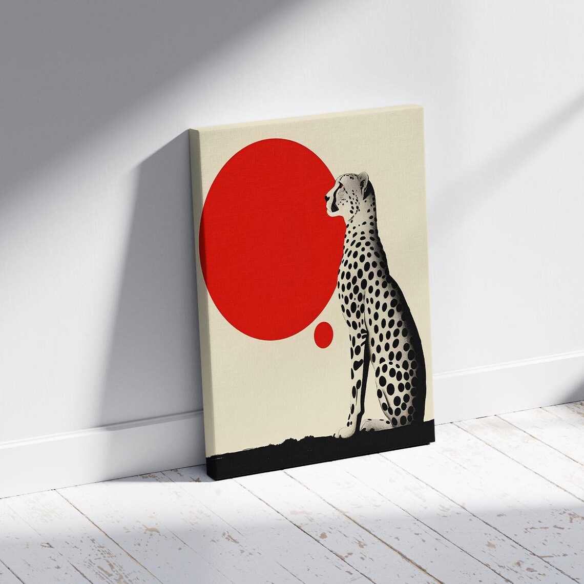 Minimalist Cheetah Illustration With Red Sun Modern Animal Wall Art Graphic Style Decorative Poster