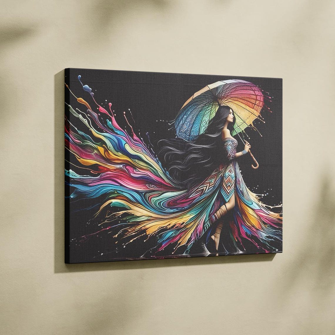 Colorful Woman Rainbow Umbrella Paint Splash Modern Artwork Poster