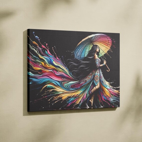 Colorful Woman Rainbow Umbrella Paint Splash Modern Artwork Poster