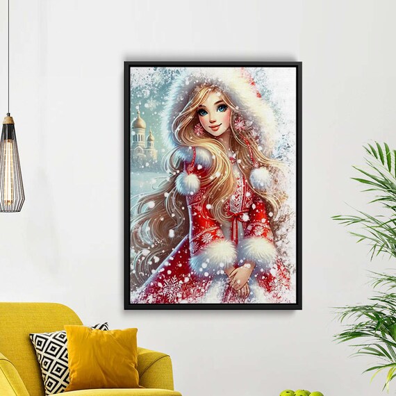 Winter Princess Illustration Beautiful Girl In Red Fur Cloak Snow Scene Christmas Canvas Wall Art