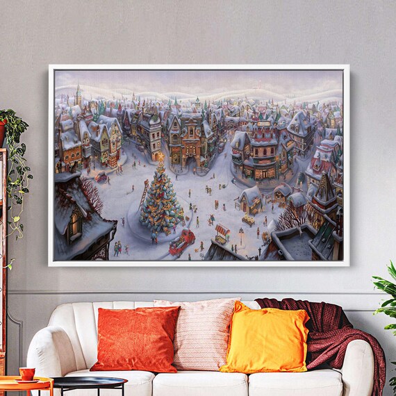 Cozy Snowy Christmas Village Market with Tree Winter Scene Poster
