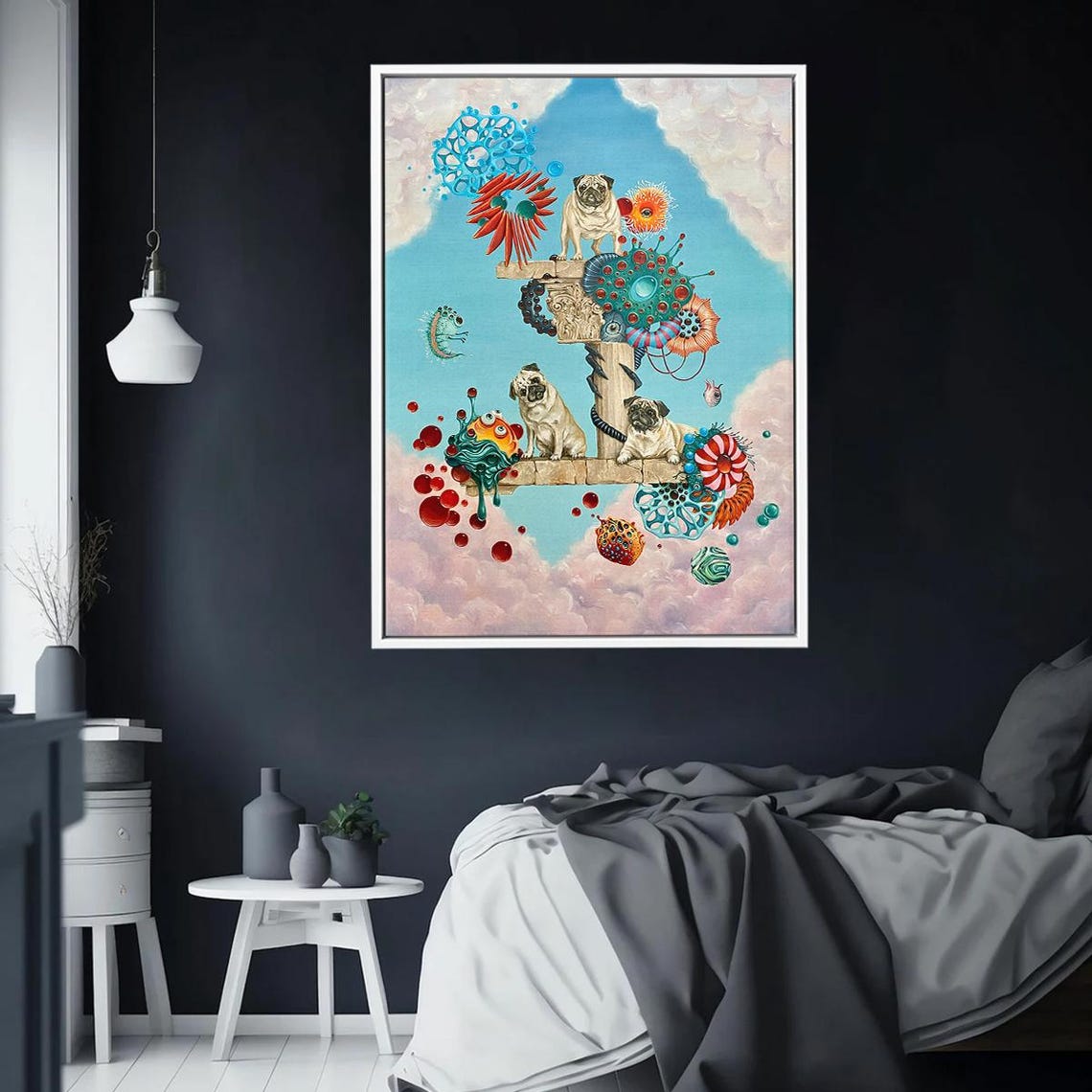 Three Surreal Pugs Floating On A Stone Column Dream Sky Poster