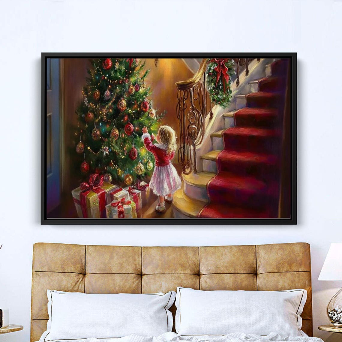 Little Girl Decorating Christmas Tree Festive Holiday Scene Poster