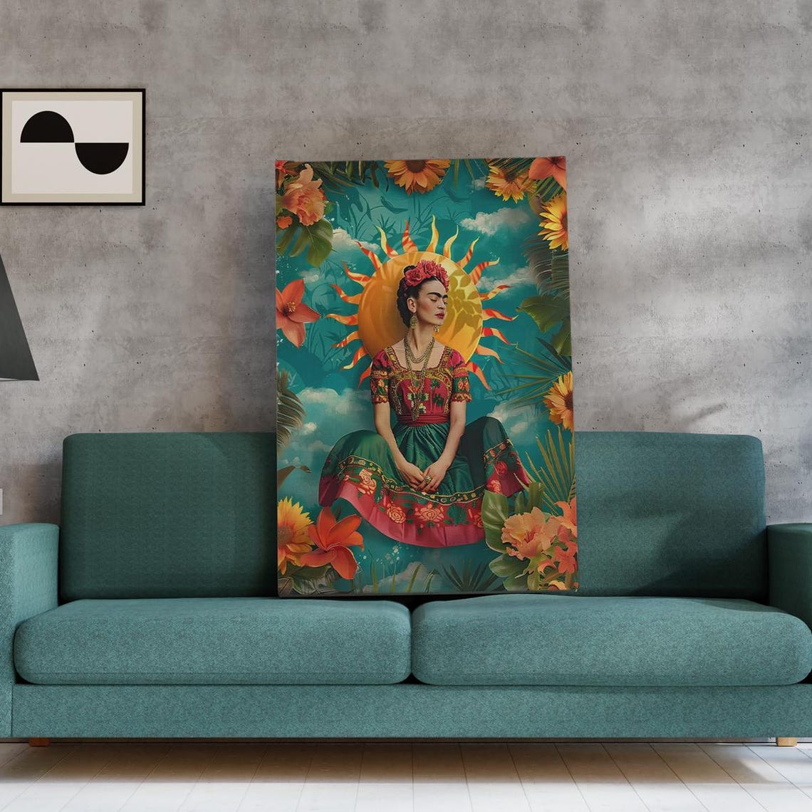 Frida Kahlo Portrait with Sun Halo and Tropical Flowers Poster