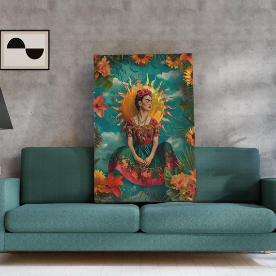 Mexican Style Frida Canvas Wall Art Boho Colorful Floral Portrait Feminist Iconic Print Bold Sun Nature Decor For Vibrant Interiors