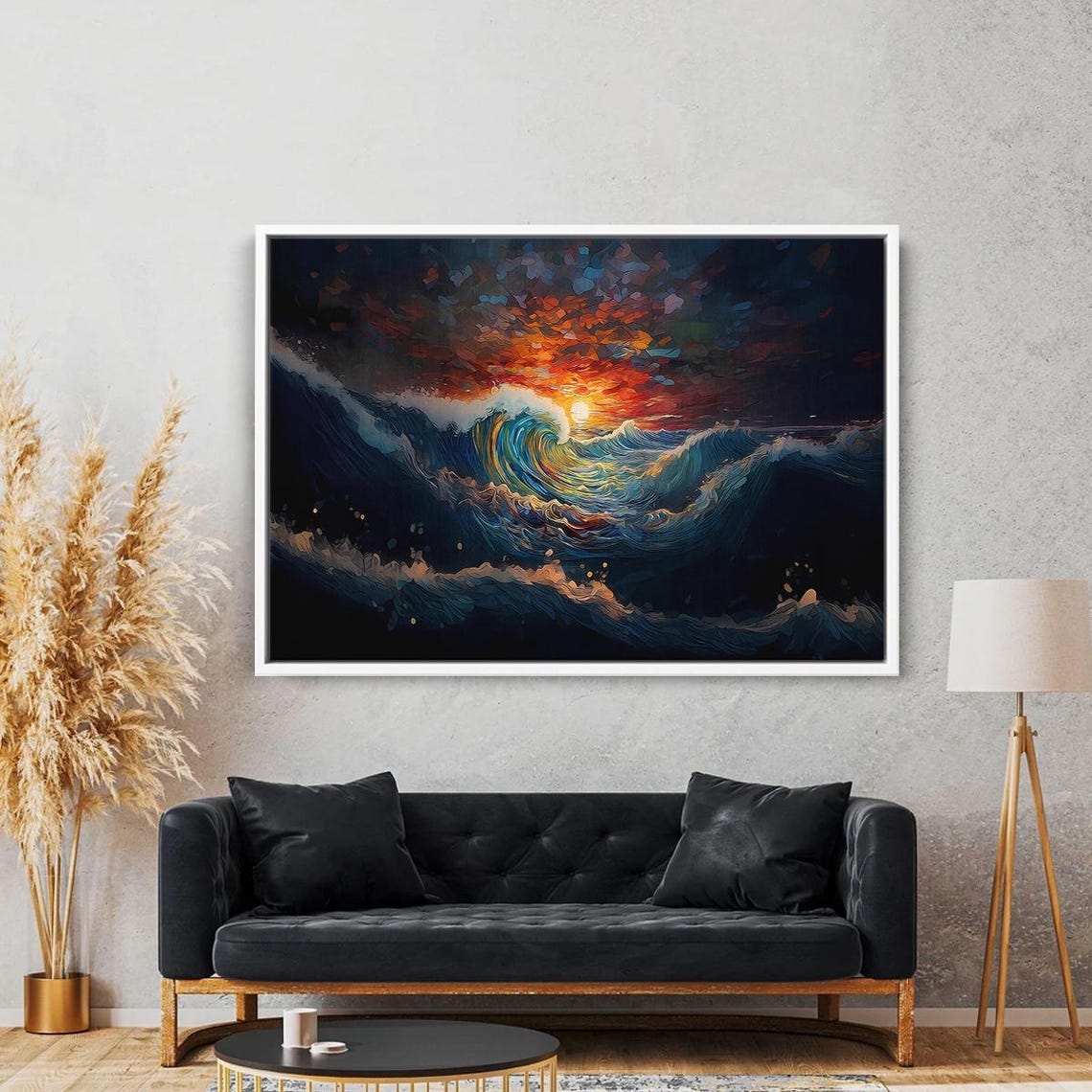 Towering Ocean Wave At Fiery Sunset Dramatic Surf Scene Poster