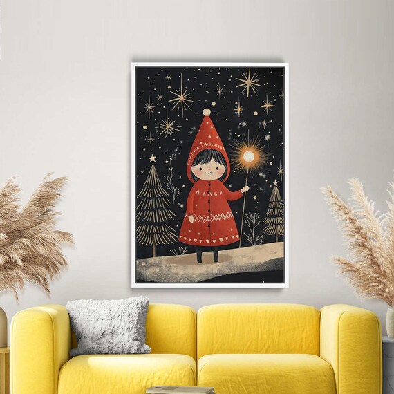 Little Girl In Red Coat Under Starry Night Cute Christmas Illustration Canvas Print Holiday Wall Art