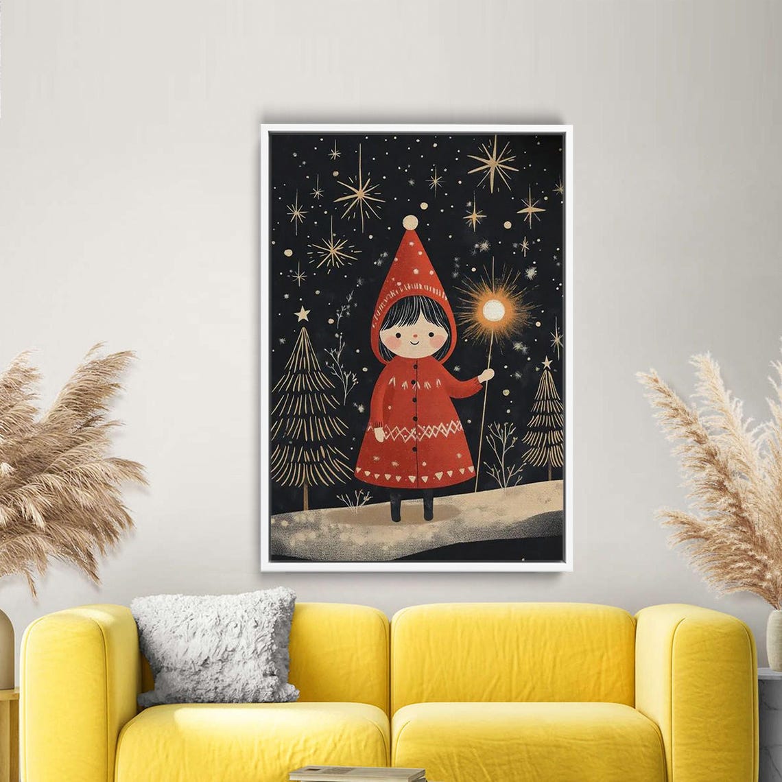 Little Girl in Red Coat under Starry Night Cute Christmas Poster