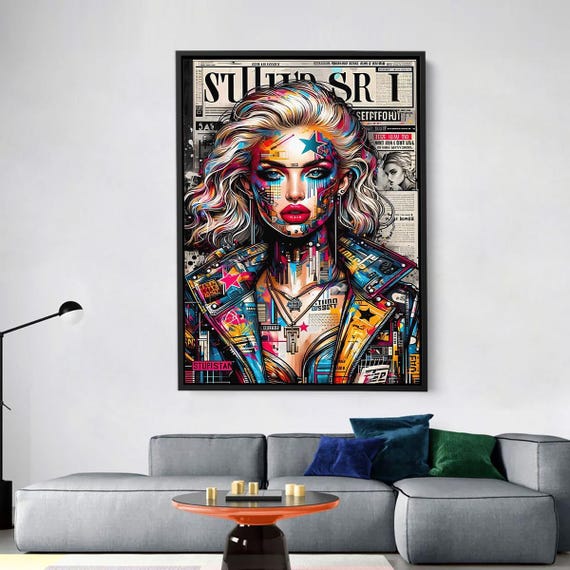 Colorful Pop Art Woman Portrait Street Style Wall Decor With Newspaper Texture And Neon Urban Colors