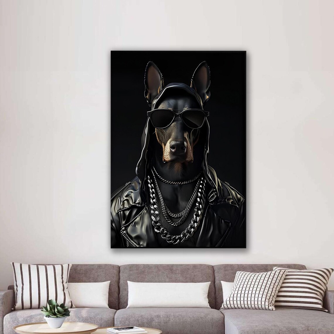 Cool Doberman In Sunglasses Leather Jacket Hip Hop Dog Portrait Poster
