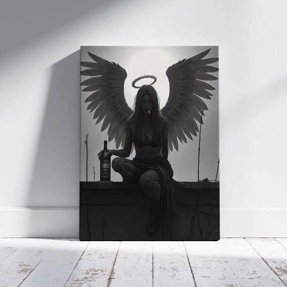 Nerdy Angel Canvas Painting And Demon Wall Art Duality Fantasy Artwork Dark Light Decor Mystical Gothic Print