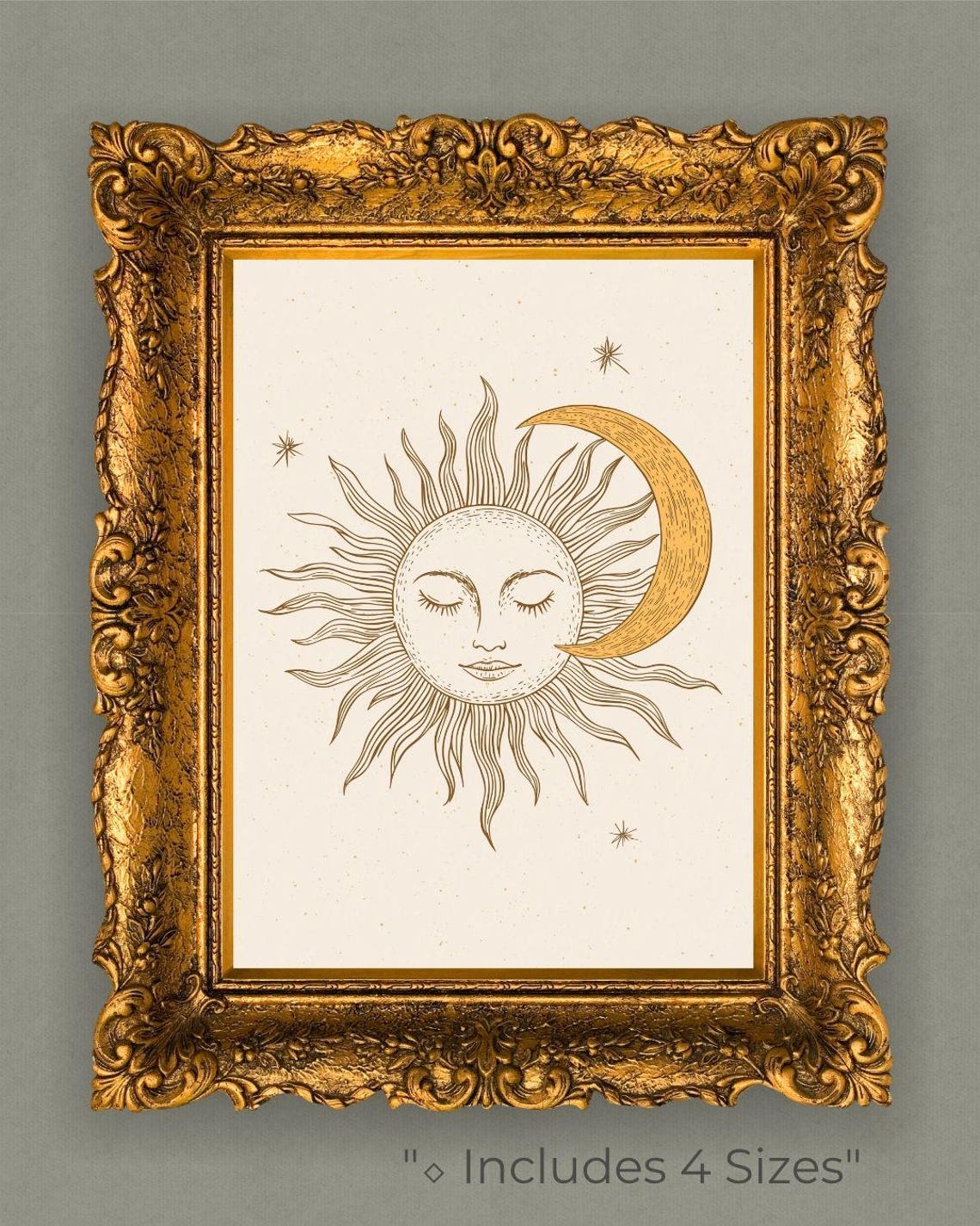 Smiling Sun and Crescent Moon Celestial Gold Minimalist Print