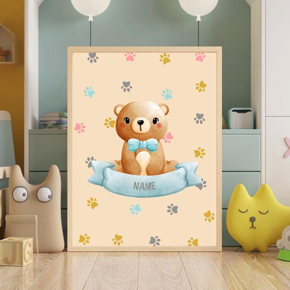 Personalized Baby Bear Name Print Custom Nursery Wall Art With Paw Prints Cute Animal Decor For Room Or Shower Gift