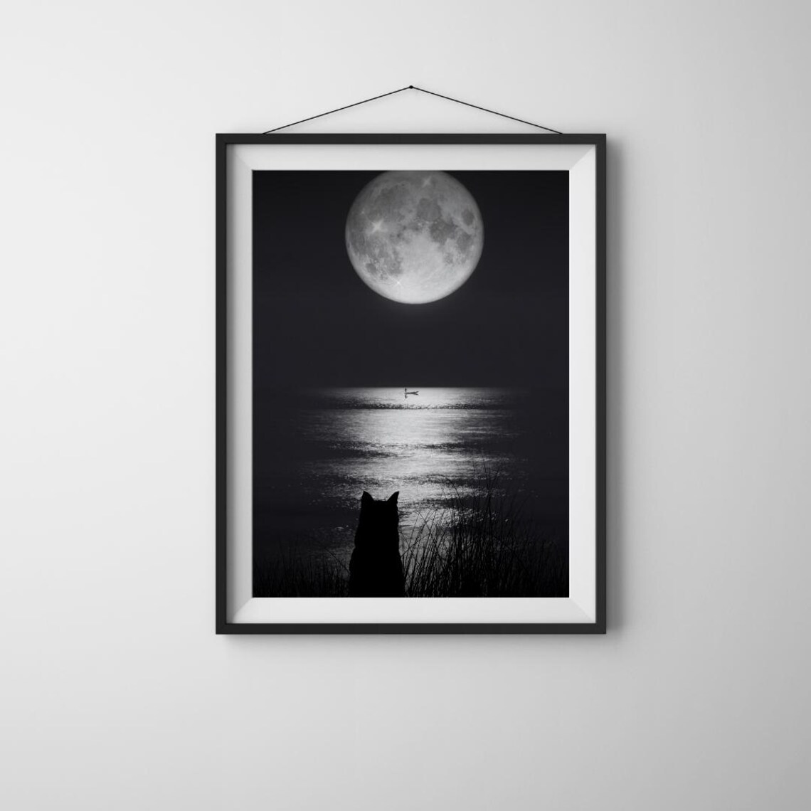 Black Cat Watching Full Moon Over Water Minimalist Night Sky Poster