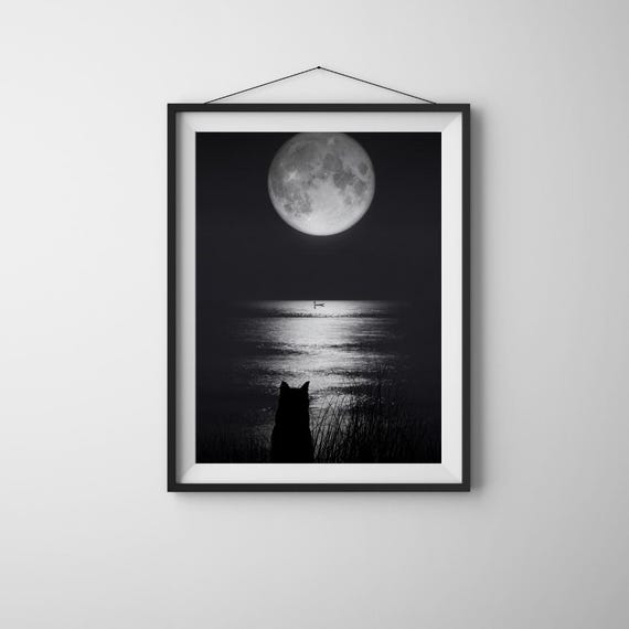 Black Cat Watching Full Moon Over Water Minimalist Night Sky Poster