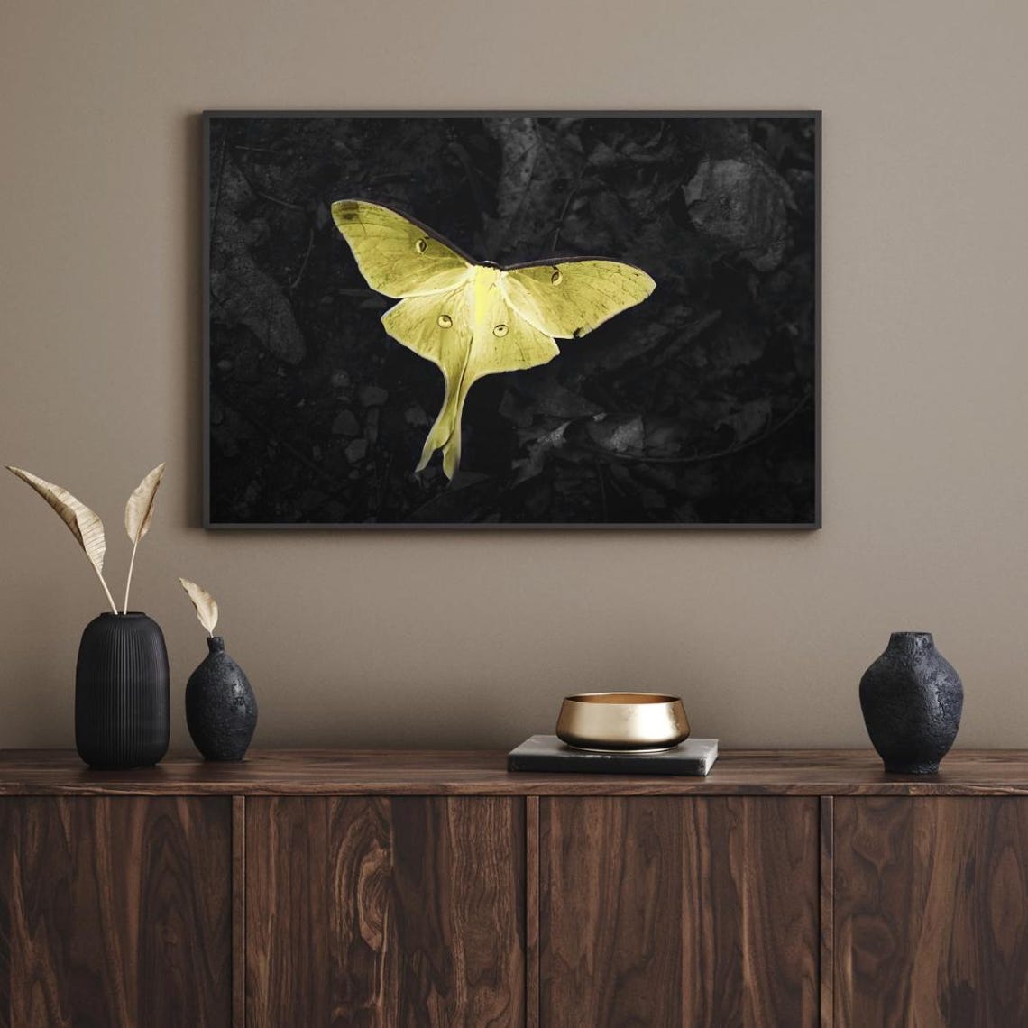 Yellow Luna Moth on Dark Forest Leaves Minimalist Nature Wall Art