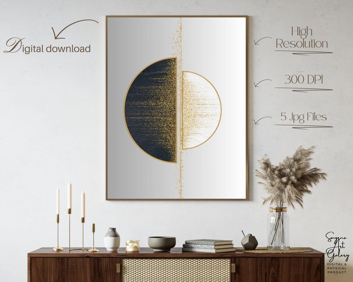 Black and Gold Split Circle Geometric Minimalist Abstract Art Poster