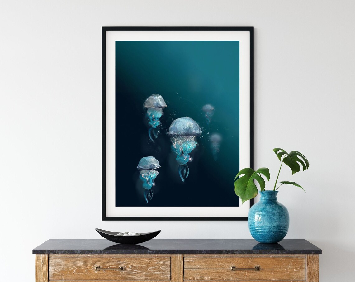 Turquoise Water With Jellyfish Poster, Ocean Art
