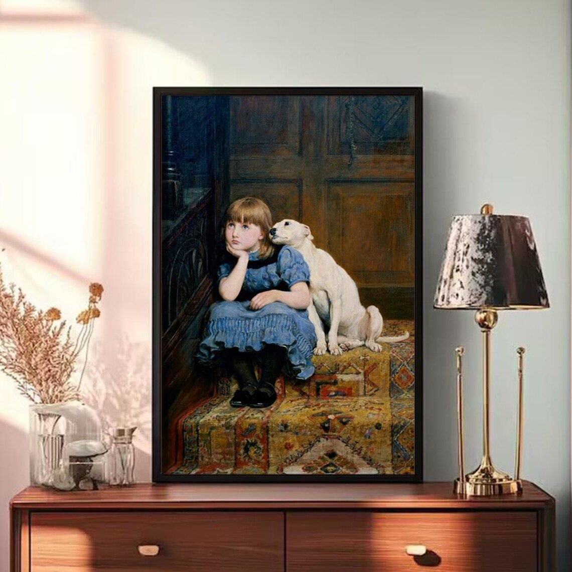 Little Girl Comforted By White Dog Victorian Oil Painting Art Poster - Image 3