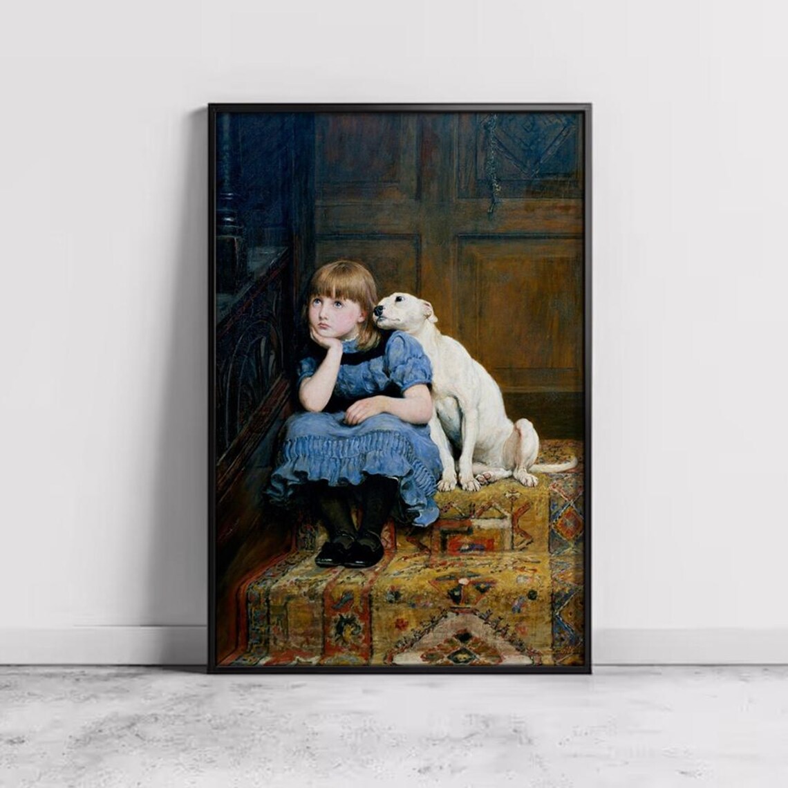 Little Girl Comforted By White Dog Victorian Oil Painting Art Poster