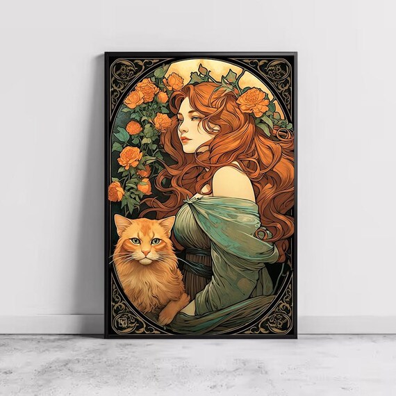 Art Nouveau Woman With Orange Cat Floral Rose Illustration Poster