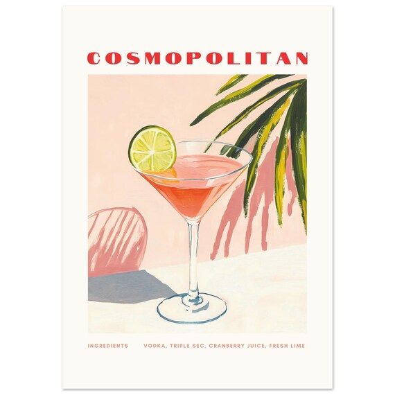 Vintage Cosmopolitan Cocktail Recipe Pink Martini Bar Cart Poster