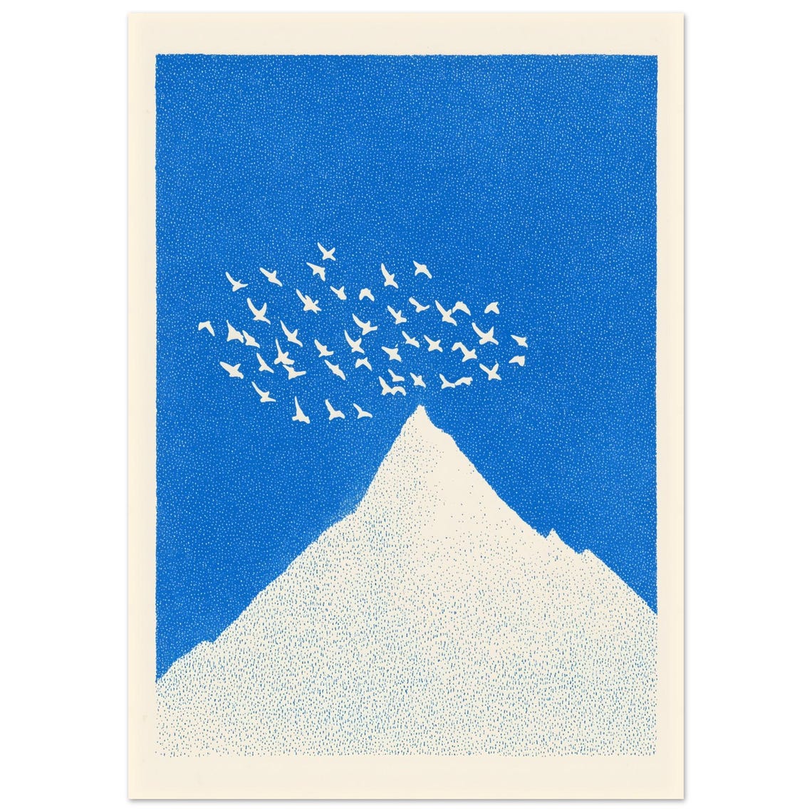 Minimalist Blue Mountain With Birds Flying Over Peak Nature Wall Art