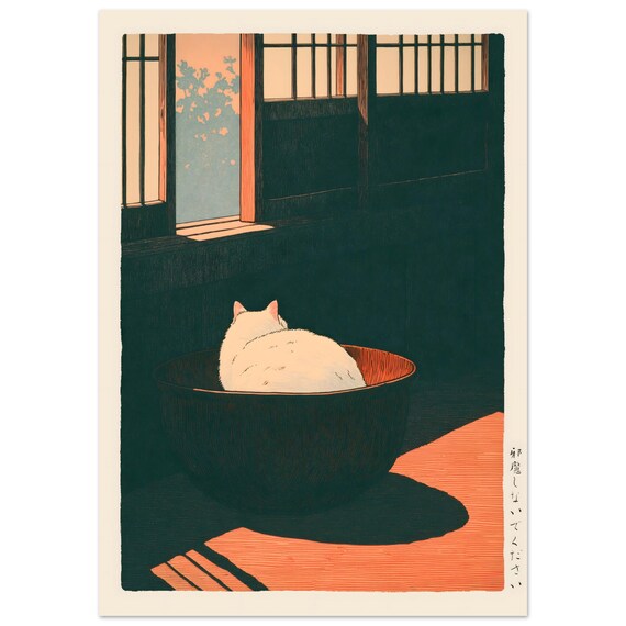 White Cat Curled in a Bowl by the Window Japanese Woodblock Art Poster