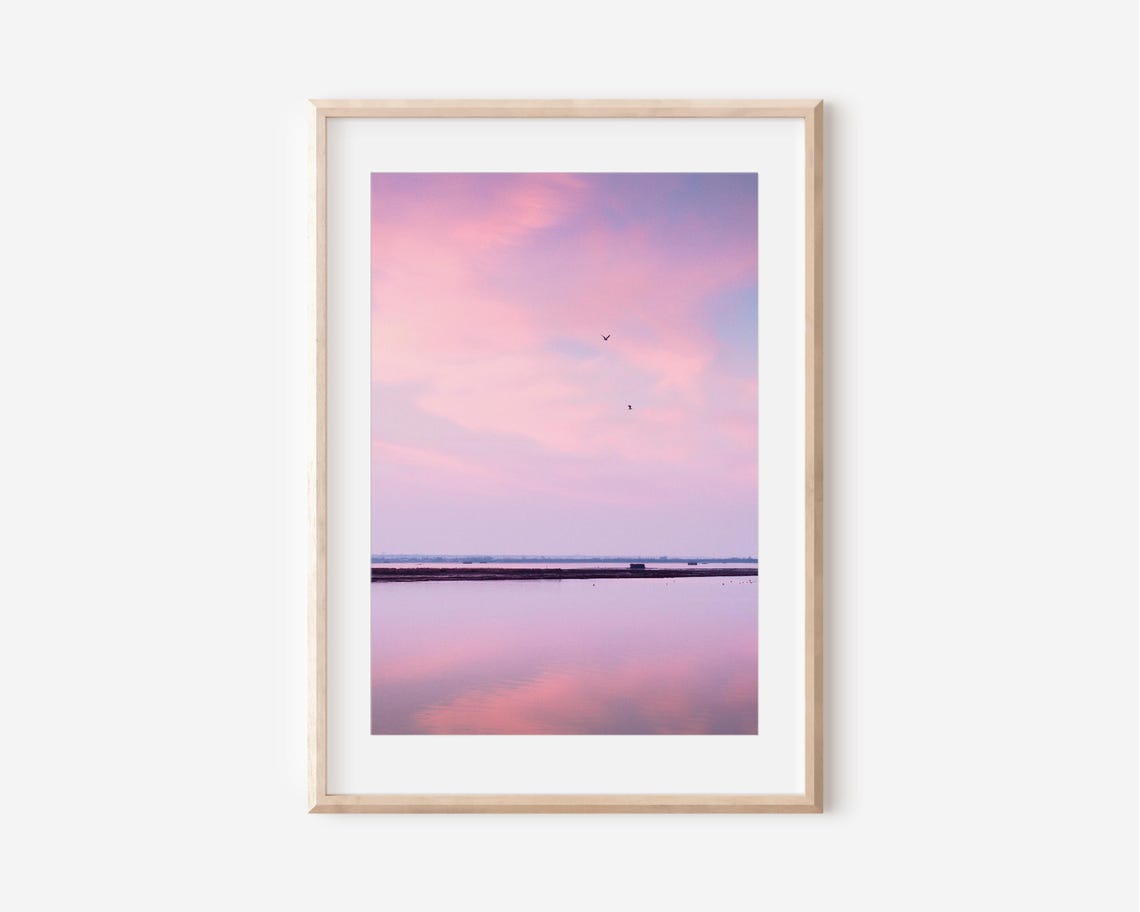 Pink Sunset Over Calm Lagoon Minimalist Seascape Photography Print