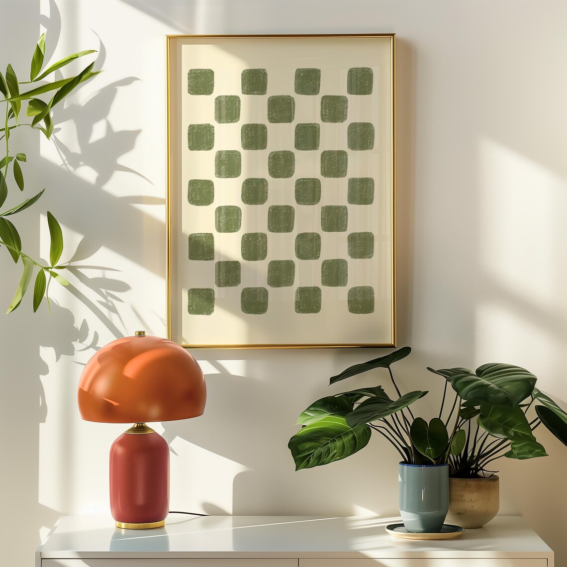 Sage Green Checkered Print, Minimalist Art Print
